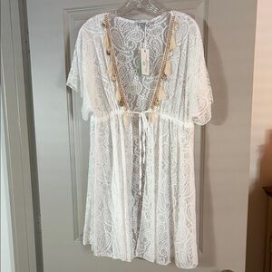White Lace Cover-Up with Tassel Details